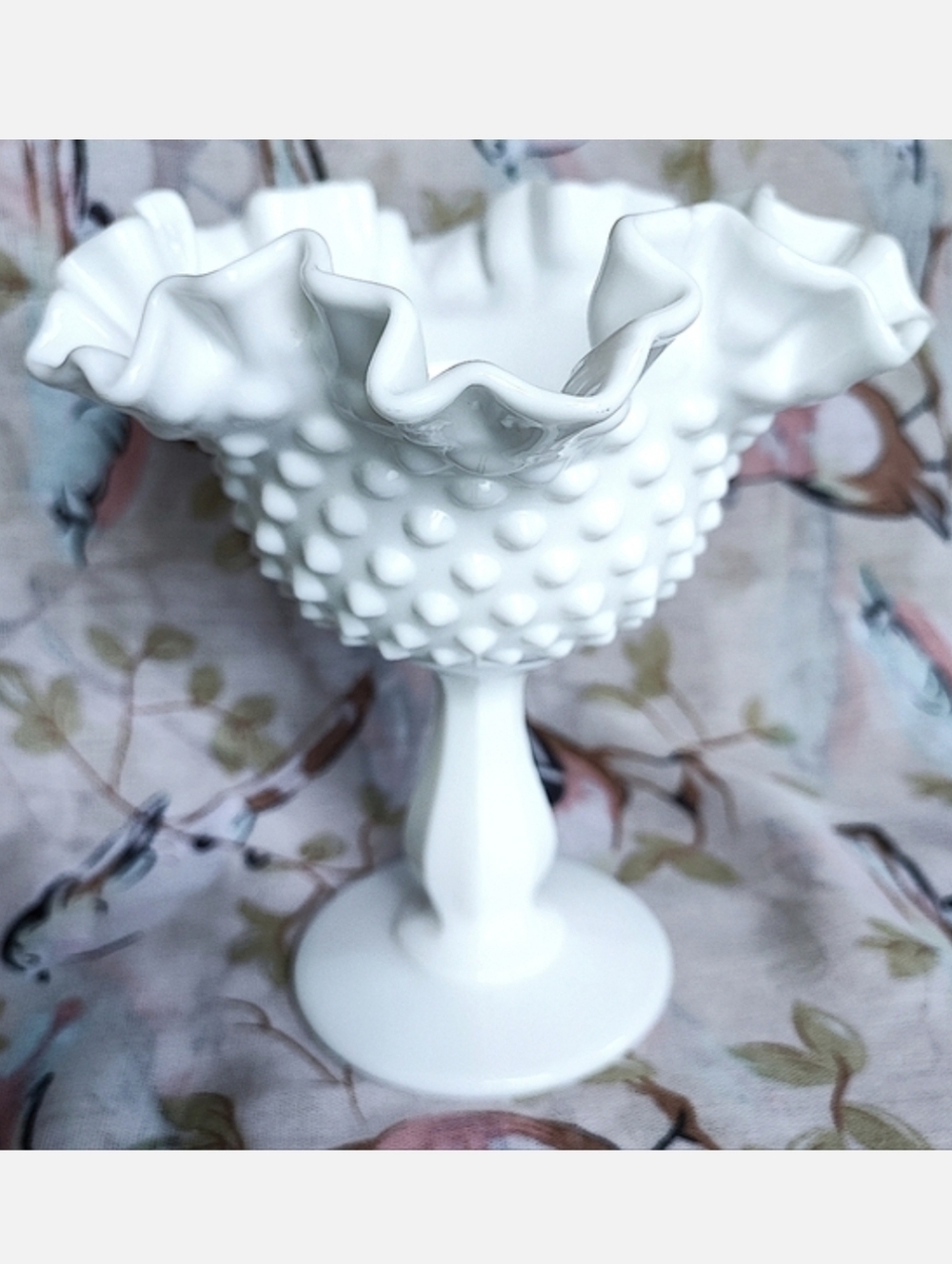 Fenton Vintage Ruffled Edge Hobnail Candy Compote Dish White Milk Glass MINT